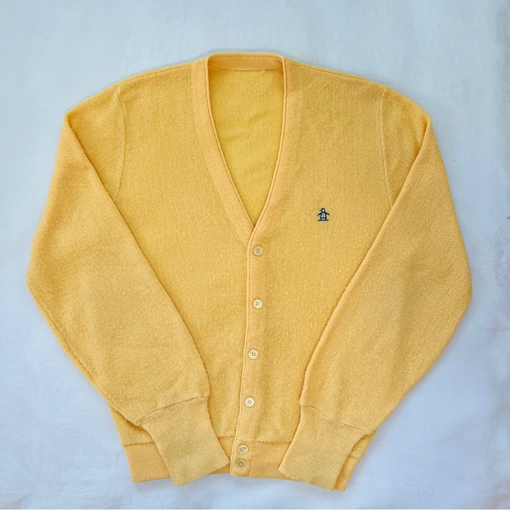 Vintage 1970s Penguin Men's Bright Yellow V-Neck Dad Golf Cardigan Grunge - M